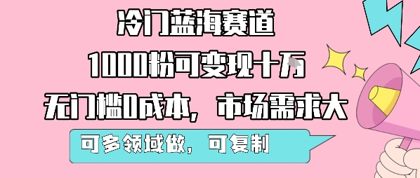 冷门蓝海赛道，1000粉可变现十W，无门槛0成本，市场需求大，可多领域做，可复制性强-月亮湾网创资源站