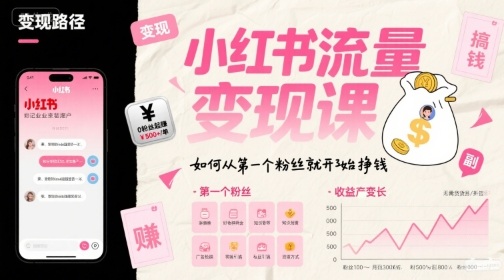 小红书流量变现课，如何从第一个粉丝就开始挣钱-月亮湾网创资源站