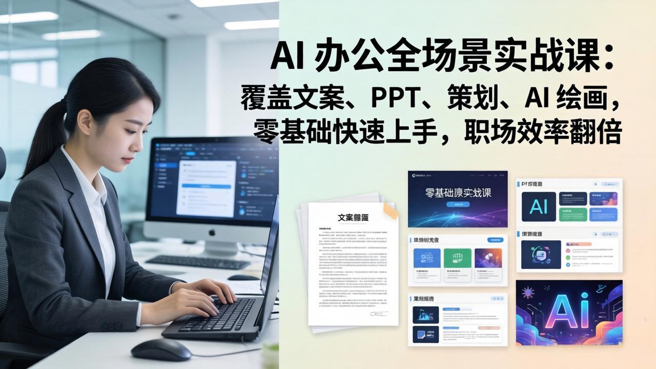 AI 办公全场景实战课：覆盖文案、PPT、策划、AI 绘画，零基础快速上手，职场效率翻倍-月亮湾网创资源站