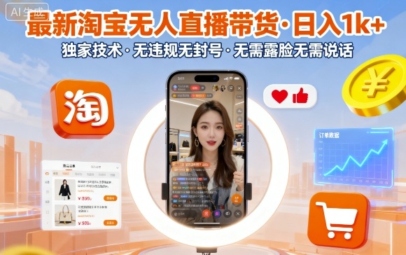 最新淘宝无人直播带货，日入1k+，独家技术，无违规无封号，无需露脸无需说话【揭秘】-月亮湾网创资源站