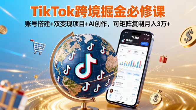 TikTo跨境掘金必修课，账号搭建+双变现项目+AI创作，可矩阵复制月入3万+-月亮湾网创资源站