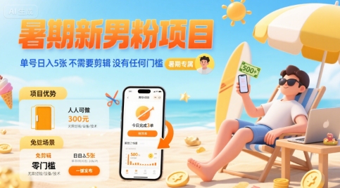 暑期新男粉项目 单号日入5张 不需要剪辑 没有任何门槛-月亮湾网创资源站