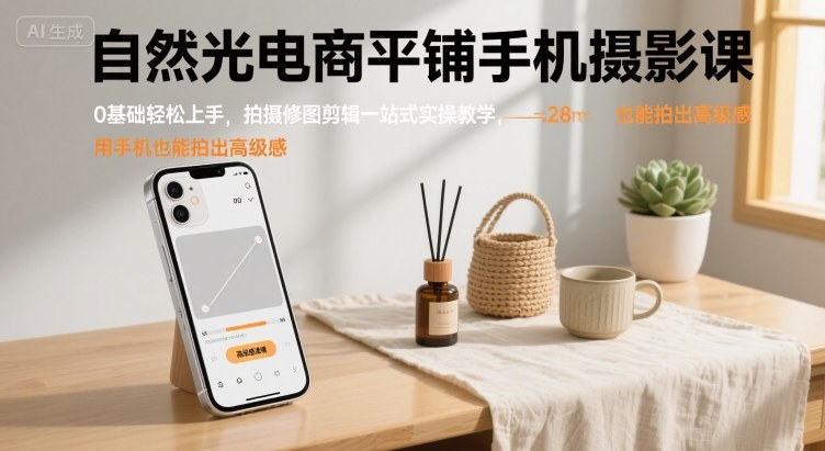 自然光电商平铺手机摄影课，0基础轻松上手，拍摄修图剪辑一站式实操教学，用手机也能拍出高级感-月亮湾网创资源站