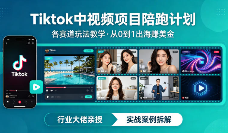 某大佬的Tiktok中视频项目陪跑，涵盖TK各个赛道玩法教学，从0到1出海賺美金-月亮湾网创资源站