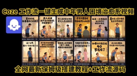 coze工作流一键生成”中年男人困境扎心高涨粉高播放量图文视频”保姆级拆解教程，无需剪辑，无需拍摄写文案-月亮湾网创资源站