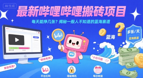 最新哔哩哔哩上B站搬砖项目，每天能挣几张？揭秘一般人不知道的蓝海赛道-月亮湾网创资源站