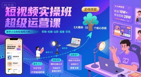 短视频实操班超级运营课，新手小白到短视频大神必修课程，剪辑-拍摄-运营-直播-变现-月亮湾网创资源站