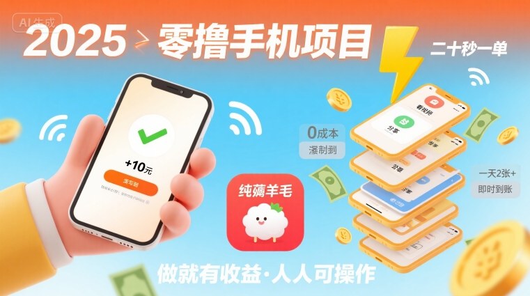 2025年零撸手机项目，二十秒一单，纯薅羊毛 一天2张+做就有-月亮湾网创资源站
