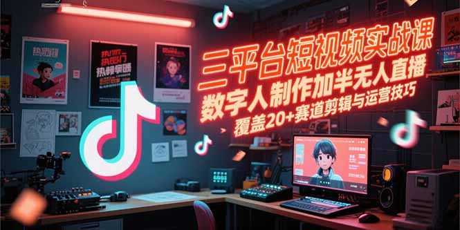 三平台短视频实战课，数字人制作加半无人直播，覆盖20+赛道剪辑与运营技巧-月亮湾网创资源站