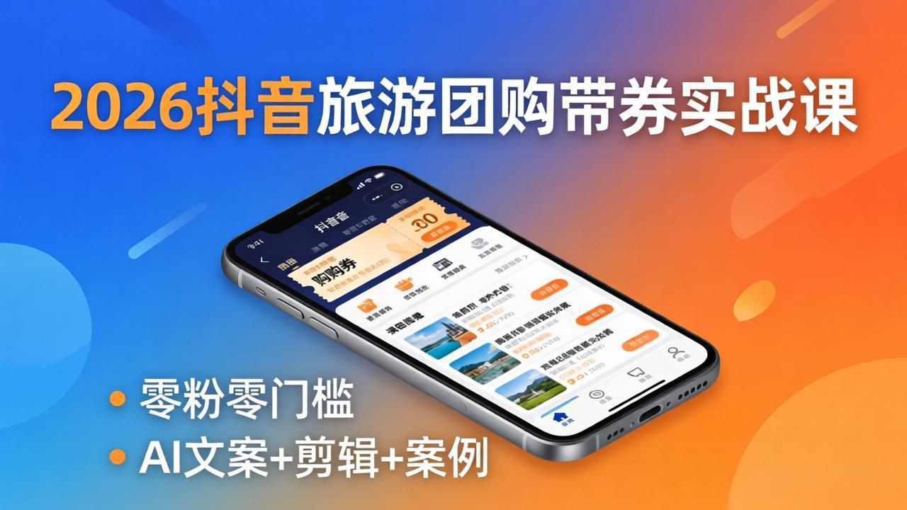 2026抖音旅游团购带券实战课：零粉零门槛，AI文案+剪辑+案例，躺着赚门票佣金-月亮湾网创资源站
