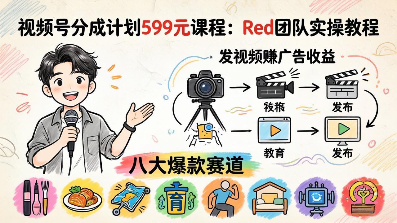 视频号分成计划599元课程：Red团队实操教程，发视频赚广告收益，八大爆款赛道全掌握-月亮湾网创资源站