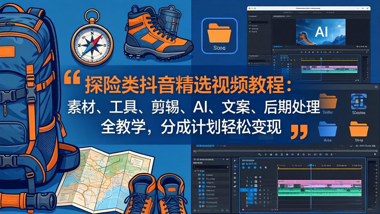 探险类抖音精选视频教程：素材、工具、剪辑、AI、文案、后期处理全教学，分成计划轻松变现-月亮湾网创资源站