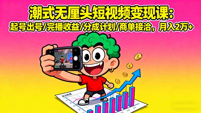 潮式无厘头短视频变现课：起号出号/完播收益/分成计划/商单接洽，月入2万+-月亮湾网创资源站