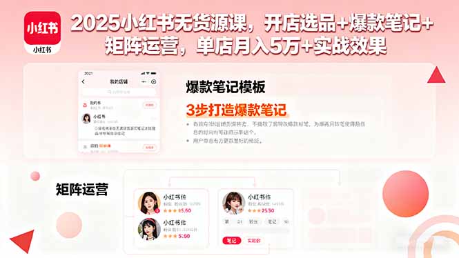 2025小红书无货源课，开店选品+爆款笔记+矩阵运营，单店月入5万+实战效果-月亮湾网创资源站