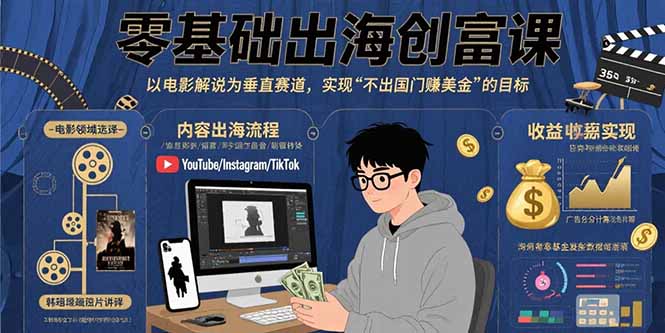 零基础出海创富课：以电影解说为垂直赛道，实现不出国门赚美金的目标-月亮湾网创资源站