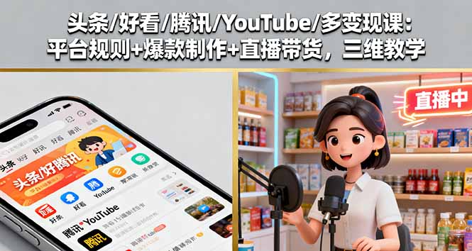 头条/好看/腾讯/YouTube/多变现课：平台规则+爆款制作+直播带货，三维教学-月亮湾网创资源站
