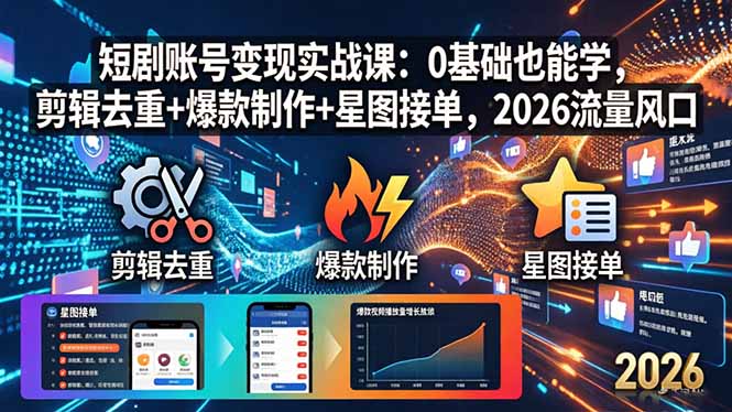 短剧账号变现实战课：0基础也能学，剪辑去重+爆款制作+星图接单，2026流量风口-月亮湾网创资源站