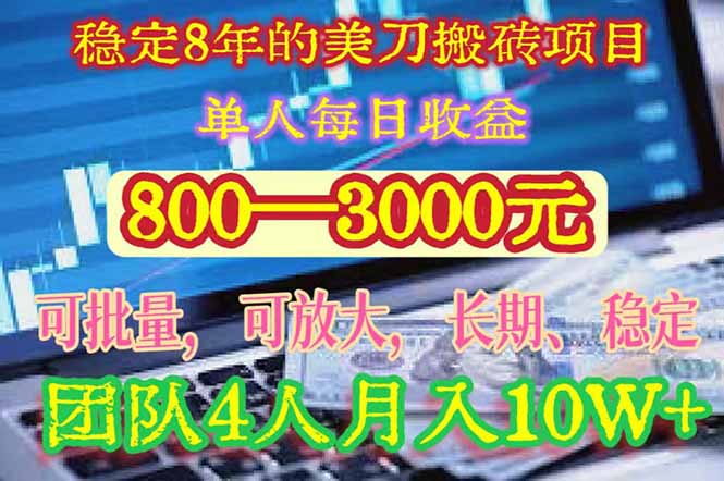 稳定8年的美刀搬砖项目，单人每日收益800—3000.团队4人月入10W+.可线下-月亮湾网创资源站