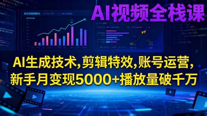 AI视频全栈课:AI生成技术,剪辑特效,账号运营,新手月变现5000+播放量破千万-月亮湾网创资源站