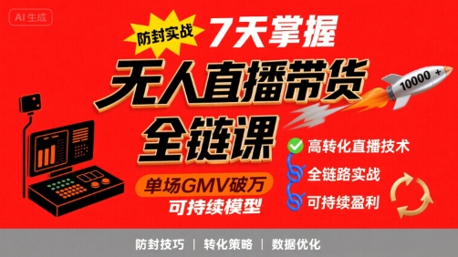 无人直播带货全链防封实战课，7天掌握高转化直播技术，实现单场GMV破万可持续模型-月亮湾网创资源站