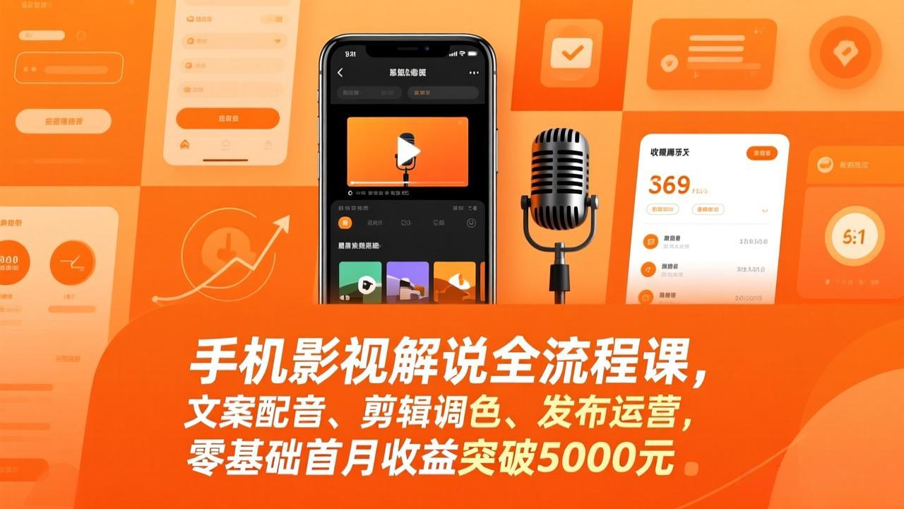 手机影视解说全流程课，文案配音、剪辑调色、发布运营，零基础首月收益突破5000元-月亮湾网创资源站