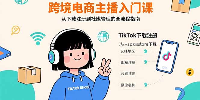 跨境电商主播入门课，TikTok下载注册，支付工具配置，社媒账号管理全流程-月亮湾网创资源站