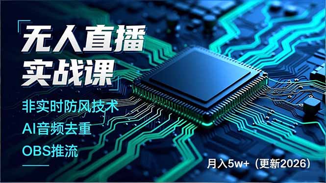 无人直播实战课，非实时防风技术、AI音频去重、OBS推流，建立技术壁垒，月入5w+(更新2026-月亮湾网创资源站