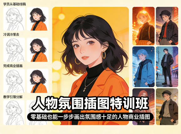 人物氛围插图特训班，零基础也能一步步画出氛围感十足的人物商业插图-月亮湾网创资源站