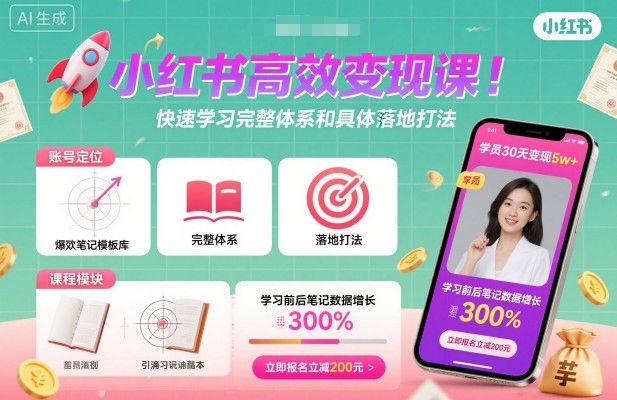小红书高效变现课，快速学习小红书完整体系和具体落地打法-月亮湾网创资源站