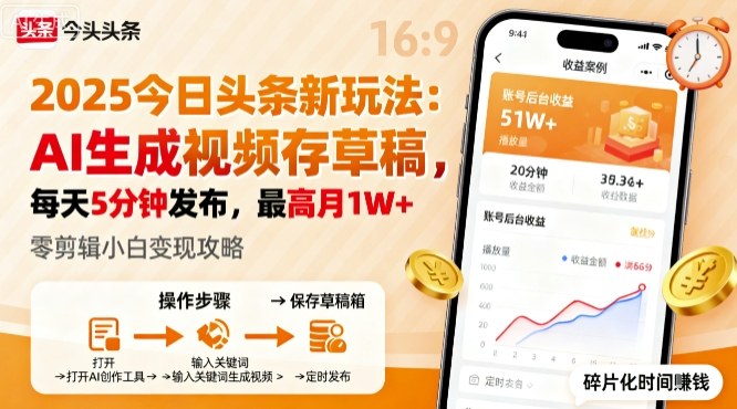 2025年今日头条躺賺新玩法，AI生成视频存草稿，每天5分钟发布，最高月1W+【揭秘】-月亮湾网创资源站