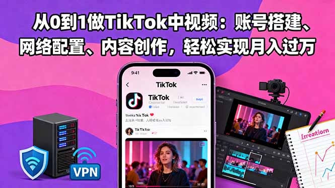 从0到1做TikTok中视频：账号搭建、网络配置、内容创作，轻松实现月入过万-月亮湾网创资源站