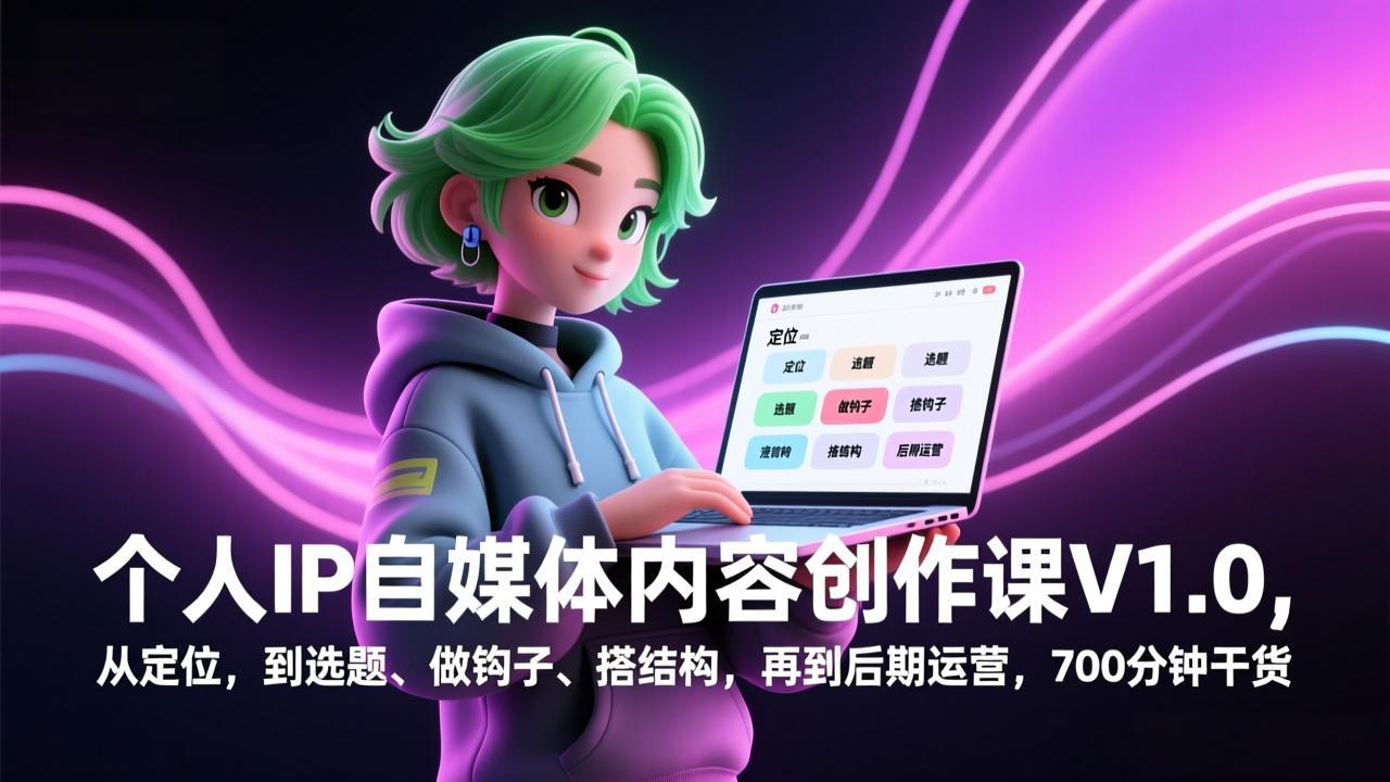 个人IP自媒体内容创作课V1.0，从定位，到选题、做钩子、搭结构，再到后期运营，700分钟干货-月亮湾网创资源站