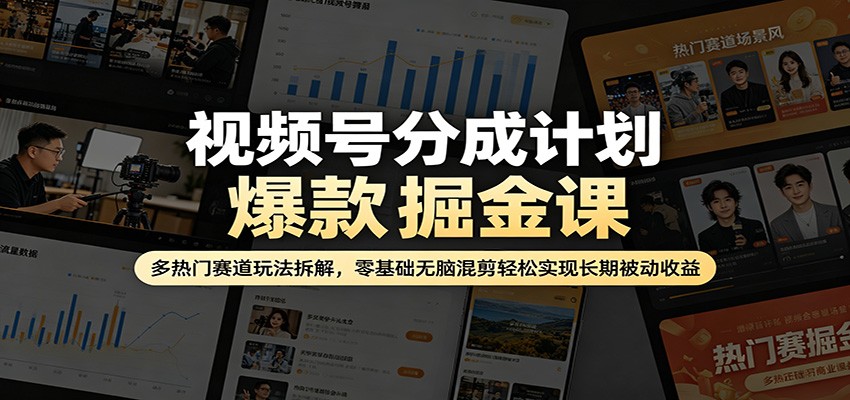 视频号分成计划爆款掘金课：多热门赛道玩法拆解，零基础无脑混剪轻松实现长期被动收益-月亮湾网创资源站