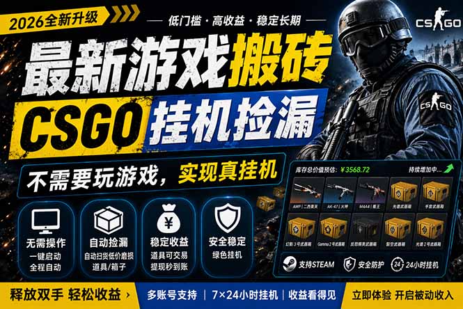 最新游戏搬砖，CSGO纯挂机，不需要玩游戏，实现真挂机，月入1W+，五一小高峰上车可吃肉，…-月亮湾网创资源站