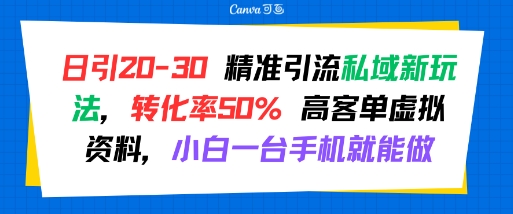 日引 20-30 精准引流私域新玩法，转化率50% 高客单虚拟资料，小白一台手机就能做-月亮湾网创资源站