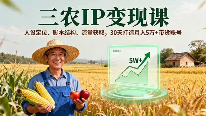三农IP变现课，人设定位、脚本结构、流量获取，30天打造月入5万+带货账号-月亮湾网创资源站
