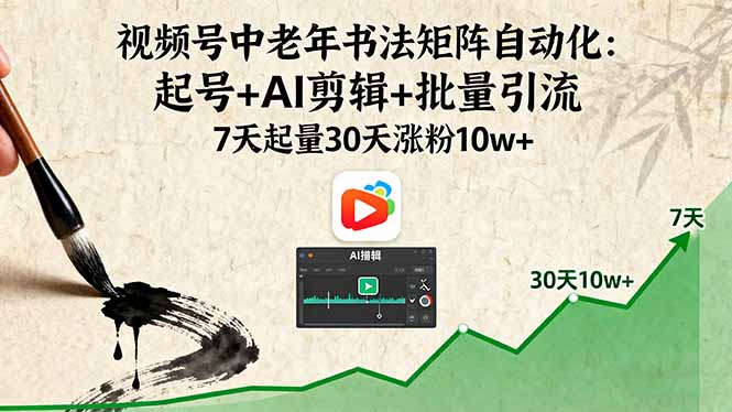 视频号中老年书法矩阵自动化：起号+AI剪辑+批量引流 7天起量30天涨粉10w+-月亮湾网创资源站
