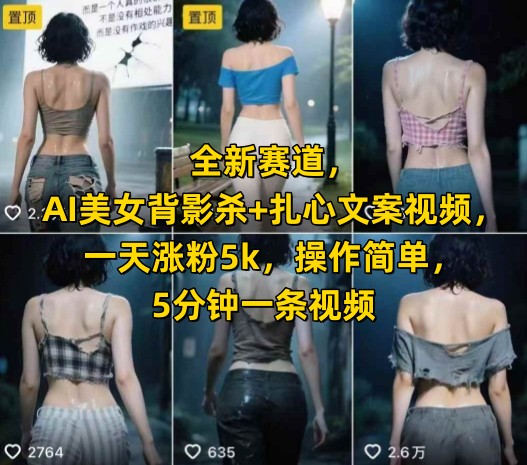 全新赛道，AI美女背影杀+扎心文案视频，一天涨粉5k，操作简单，5分钟一条视频-月亮湾网创资源站