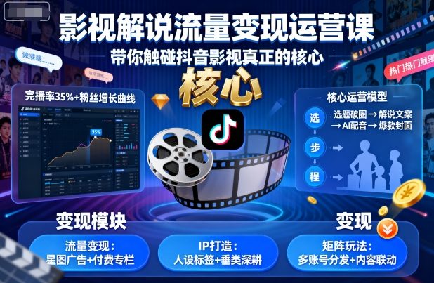 影视解说流量变现运营课，带你触碰抖音影视真正的核心-月亮湾网创资源站
