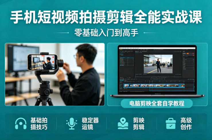 手机短视频拍摄剪辑全能实战课：零基础入门到高手，稳定器运镜+电脑剪映全套自学教程-月亮湾网创资源站
