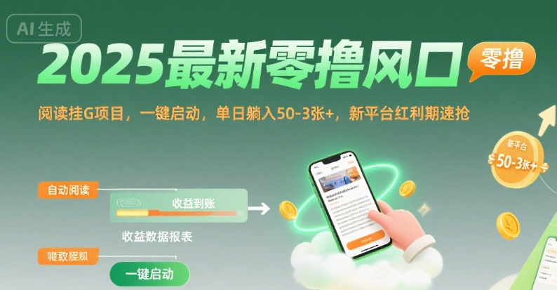 2025最新零撸风口，阅读挂G项目，一键启动，单日躺入 50-3张+，新平台红利期速抢【揭秘】-月亮湾网创资源站