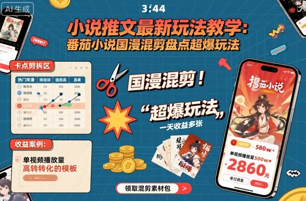 小说推文最新玩法教学，番茄小说国漫混剪盘点超爆玩法，全程干货，一天收益多张-月亮湾网创资源站