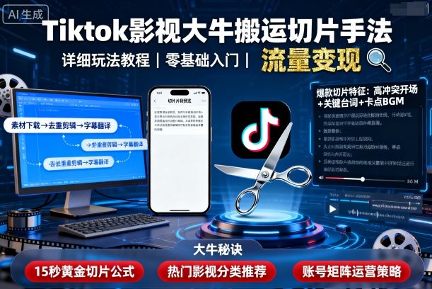 Tiktok影视大牛搬运切片手法，详细玩法教程-月亮湾网创资源站
