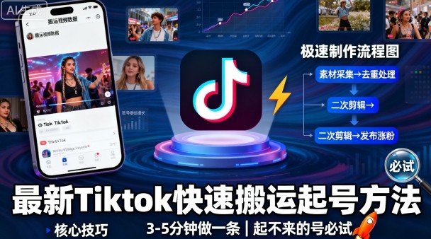 最新Tiktok快速搬运快速起号方法，3-5分钟做一条，起不来的号可以试试-月亮湾网创资源站