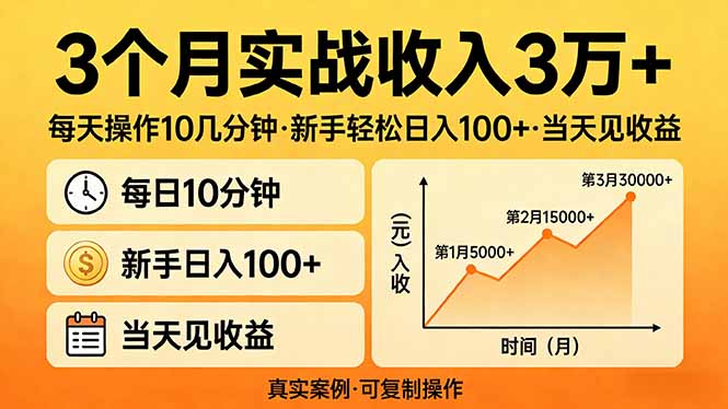 3个月实战收入3万+，每天操作10几分钟，新手轻松日入100+，当天见收益-月亮湾网创资源站