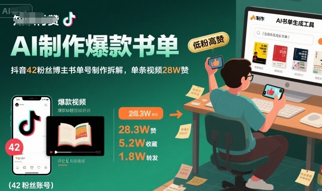 AI制作爆款书单，抖音42粉丝博主书单号制作拆解，单条视频28W赞-月亮湾网创资源站