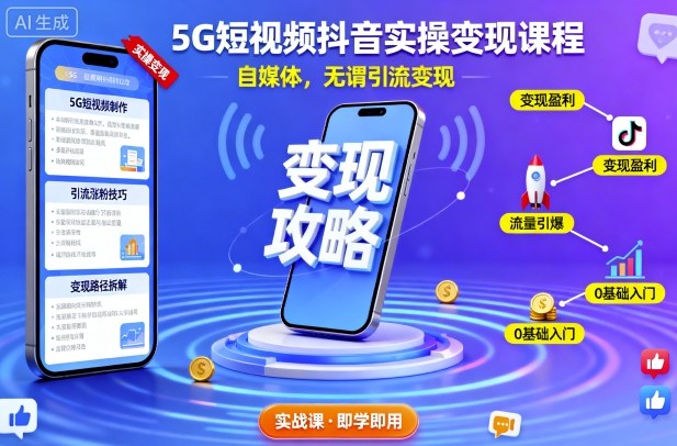 5G短视频抖音实操变现课程，自媒体，无谓引流变现-月亮湾网创资源站