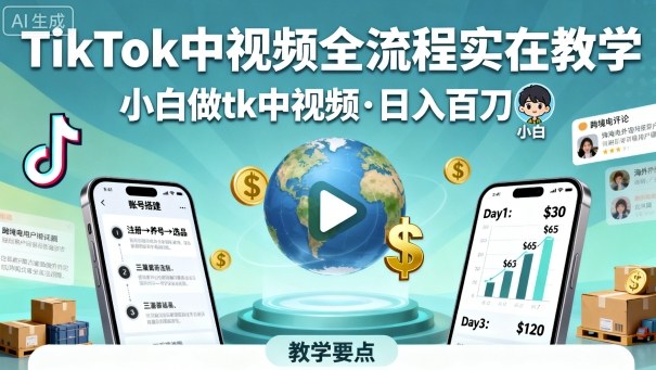 TikTok中视频全流程实操教学，小白做tk中视频，日入百刀-月亮湾网创资源站
