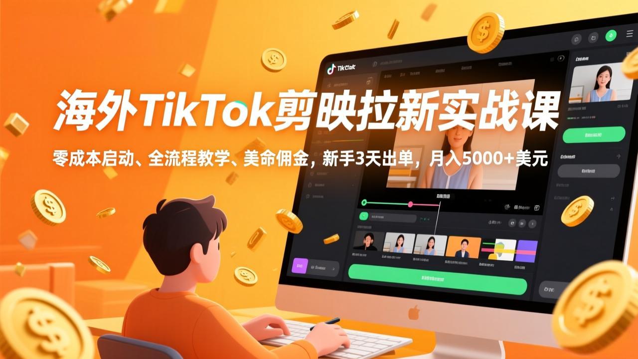 海外TikTok剪映拉新实战课，零成本启动、全流程教学、美金佣金，新手3天出单，月入5000+美元-月亮湾网创资源站