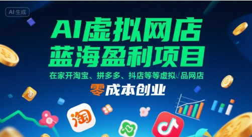 AI虚拟网店蓝海盈利项目，在家开淘宝、拼多多、抖店等虚拟品网店，零成本创业-月亮湾网创资源站